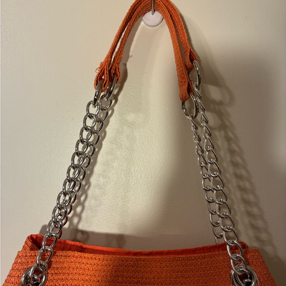 NWT Magid Bright Orange Chain-Handle Straw Woven Shoulder Bag Summer Beach Vacay - Picture 4 of 8